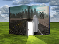 Book with science fiction scene and open doorway of light